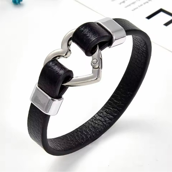Heart Black Leather Bracelet for Men and Women - Picture 1 of 4